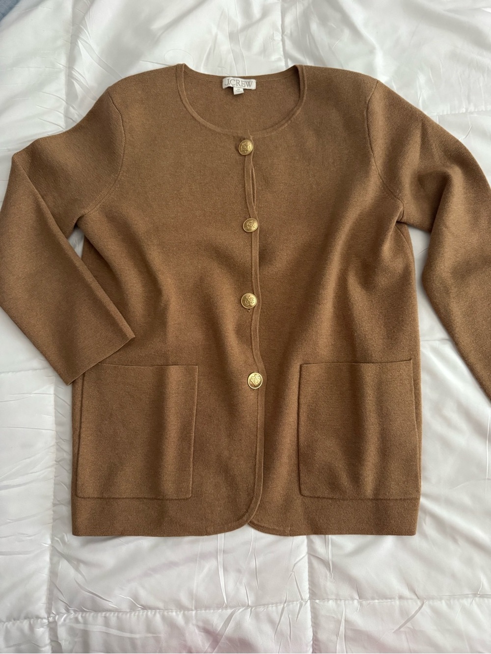 J. Crew Brown Crewneck Button-Front Long Cardigan with Gold Buttons